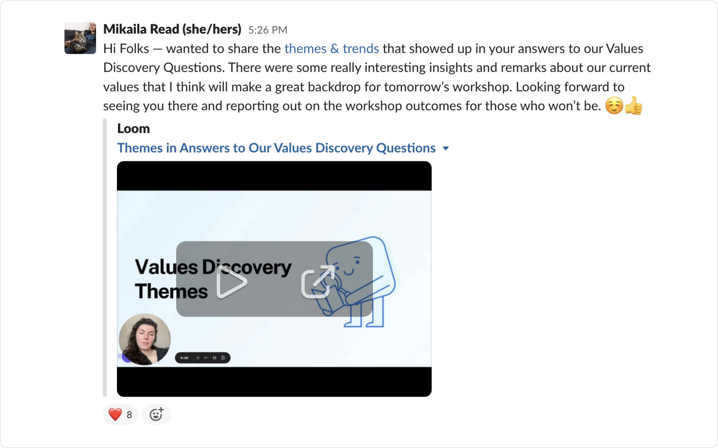 A screenshot of a video message in our internal Slack revealing themes from the survey.